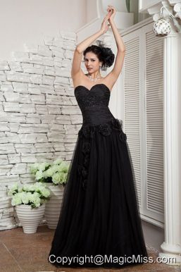 Black Empire Sweetheart Floor-length Tulle Beading and Hand Made Flowers Prom / Evening Dress