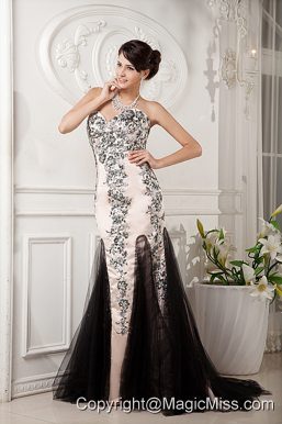 Brand New Champagne Column Evening Dress Sweetheart Tulle and Satin Appliques With Beading