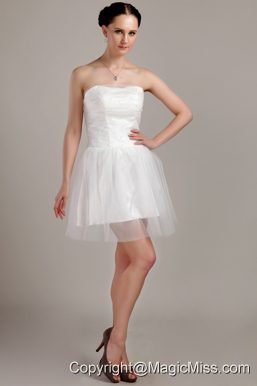White A-line / Princess Strapless Mini-length Organza Beading and Ruch Wedding Dress