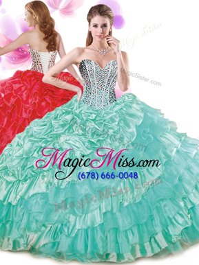 Suitable Turquoise Lace Up Sweetheart Beading and Ruffled Layers and Pick Ups Sweet 16 Quinceanera Dress Organza and Taffeta Sleeveless