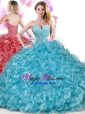 Latest Organza Sleeveless Floor Length Vestidos de Quinceanera and Beading and Ruffles