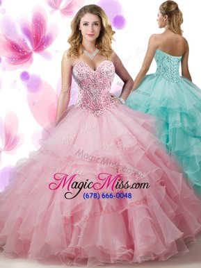 Sophisticated Pink Lace Up Sweetheart Beading and Ruffled Layers Quinceanera Gowns Organza Sleeveless