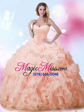 Pretty With Train Peach Quinceanera Dresses Organza Brush Train Sleeveless Beading and Ruffles and Pick Ups