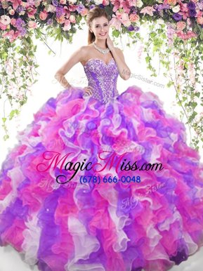 Modern Multi-color Ball Gowns Sweetheart Sleeveless Organza Floor Length Lace Up Beading and Ruffles Quinceanera Gowns