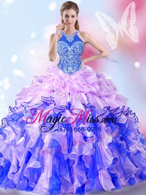 Amazing Halter Top Sleeveless Floor Length Beading and Ruffles and Pick Ups Lace Up Quince Ball Gowns with Multi-color