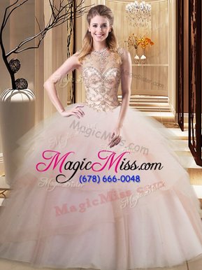 Excellent Scoop Peach Ball Gowns Beading and Ruffled Layers 15th Birthday Dress Lace Up Tulle Sleeveless