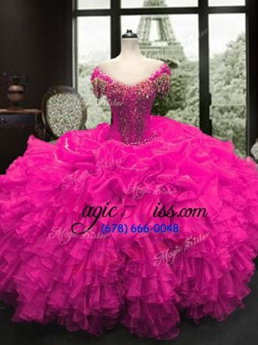 Designer Floor Length Ball Gowns Cap Sleeves Fuchsia Quince Ball Gowns Lace Up