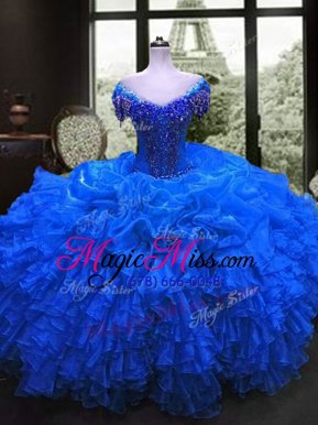 Latest Royal Blue Sweetheart Lace Up Beading and Ruffles Sweet 16 Dress Cap Sleeves