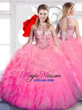 Glamorous Hot Pink Halter Top Neckline Beading and Ruffles Quince Ball Gowns Sleeveless Lace Up