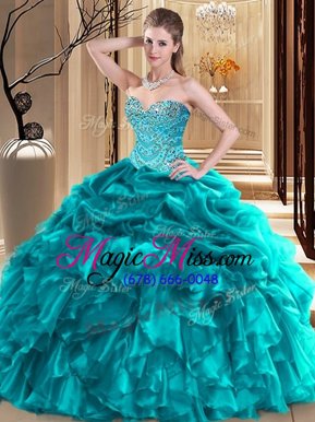 Spectacular Pick Ups Ball Gowns 15 Quinceanera Dress Teal Sweetheart Organza Sleeveless Floor Length Lace Up