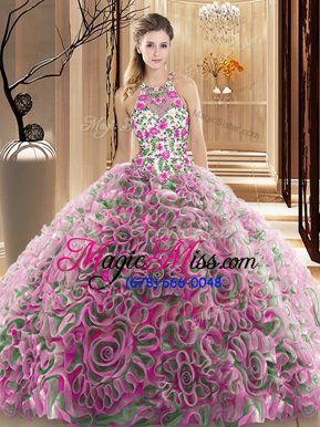 Shining Criss Cross High-neck Sleeveless Ball Gown Prom Dress Brush Train Ruffles and Pattern Multi-color Fabric With Rolling Flowers