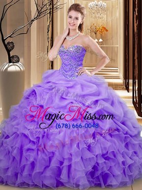 Cheap Sleeveless Floor Length Beading and Ruffles and Pick Ups Lace Up Quinceanera Gowns with Lavender