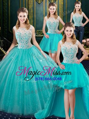 Sophisticated Four Piece Sleeveless Tulle Floor Length Zipper Quinceanera Dress in Aqua Blue for with Lace