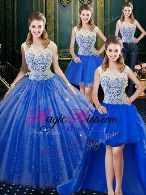 Elegant Four Piece Sleeveless Tulle Floor Length Brush Train Zipper Quinceanera Dress in Royal Blue for with Lace