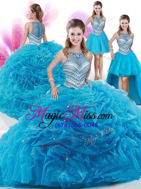 Shining Four Piece Aqua Blue Ball Gowns Ruffles and Pick Ups Sweet 16 Quinceanera Dress Zipper Organza Sleeveless With Train