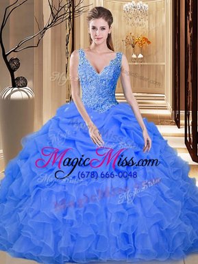 Unique Blue Sleeveless Floor Length Lace and Appliques and Ruffles and Pick Ups Backless Vestidos de Quinceanera