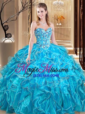 Wonderful Sweetheart Sleeveless Quince Ball Gowns Floor Length Embroidery and Ruffles Aqua Blue Organza