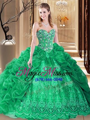 New Arrival Green Lace Up Sweetheart Embroidery and Pick Ups 15 Quinceanera Dress Organza Sleeveless Court Train