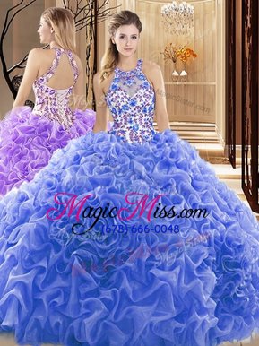 Luxurious Ball Gowns Sleeveless Blue Sweet 16 Dresses Court Train Backless