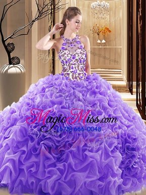 Sleeveless Brush Train Backless Embroidery and Ruffles Sweet 16 Dresses