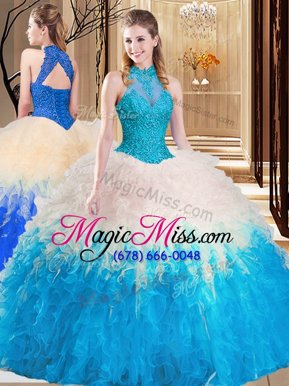 Free and Easy High-neck Sleeveless Tulle Vestidos de Quinceanera Lace and Appliques and Ruffles Backless