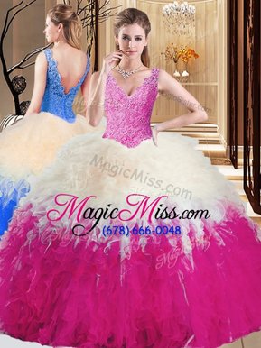 Shining Sleeveless Floor Length Lace and Appliques and Ruffles Zipper Quinceanera Gown with Multi-color