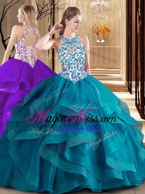 Admirable Scoop Sleeveless Brush Train Embroidery and Ruffles Lace Up Quinceanera Dress