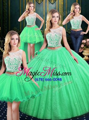 Four Piece Sequins Floor Length 15th Birthday Dress Scoop Sleeveless Lace Up