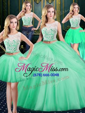 Super Four Piece Scoop Lace and Pick Ups Sweet 16 Dresses Apple Green Zipper Sleeveless Floor Length