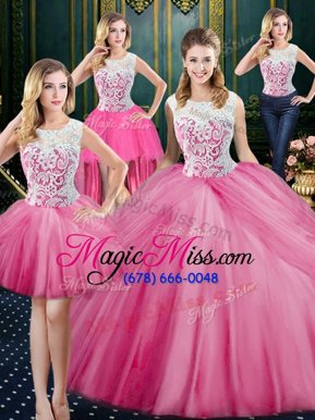 Romantic Four Piece Rose Pink Scoop Neckline Lace and Appliques and Pick Ups Quinceanera Gown Sleeveless Zipper