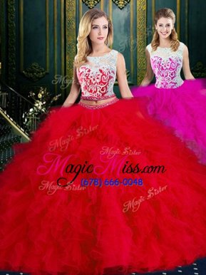 Most Popular Scoop Red Ball Gowns Lace and Ruffles Quinceanera Gowns Zipper Tulle Sleeveless Floor Length