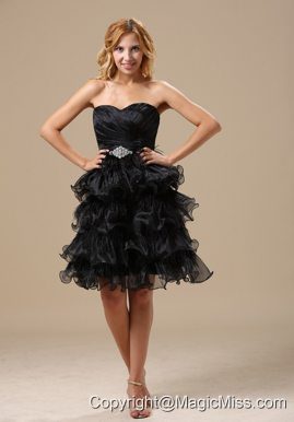 Apple Valley Ruched and Beading Decorate Bodice Ruffles Knee-length A-line Little Black Dress