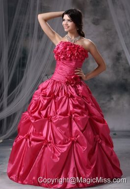 Panora Iowa Hand Made Flowers and Pick-ups Decorate Bodice Ruch Ball Gown Floor-length Coral Red Strapless Quinceanera Dress For 2013