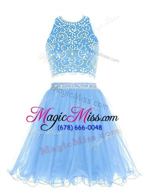 Exquisite Scoop Sleeveless Chiffon Mini Length Backless Prom Gown in Baby Blue for with Beading