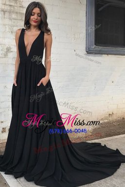 Admirable V-neck Sleeveless With Train Court Train Ruching Black Chiffon