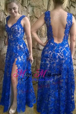 On Sale V-neck Sleeveless Backless Formal Dresses Blue Lace