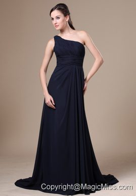 Navy Blue One Shoulder Neckline For Wedding Party With Chiffon Mother Of The Bride Dress