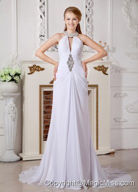 Classical Empire High-neck Court Train Chiffon Beading Wedding Dress