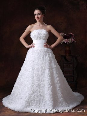 Rolling Flowers Strapless A-Line / Princess Modest Chapel Train 2013 Wedding Dress