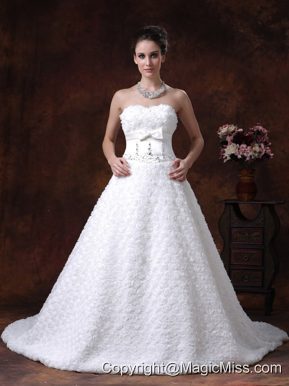 Rolling Flower Sweetheart Wedding Dress A-Line Bowknot Brush With Beading