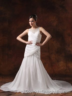 Beaded Decorate Scoop Neckline A-line Chiffon Ruch Court Train 2013 Wedding Dress