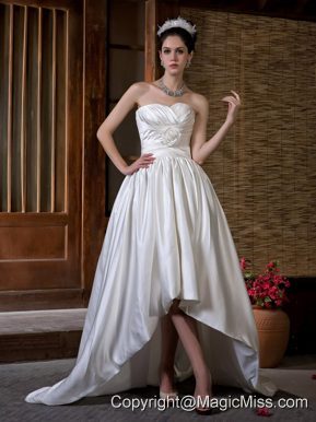 Unique A-line Sweetheart Court Train Taffeta Ruch Hand Made Flowers Wedding Dress