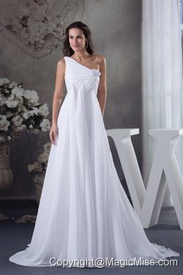 Hand Made Flowers Empire One Shoulder Court Train Wedding Dress