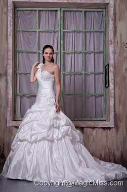 Luxurious A-line One Shoulder Court Train Taffeta Appliques and Pick-ups Wedding Dress