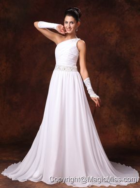 One Shoulder Empire Beaded Decorate Waist Chiffon Court Train Garden Wedding Dress For 2013