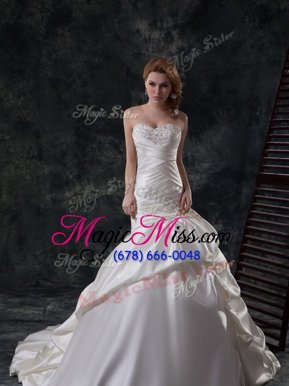 Most Popular Mermaid Sweetheart Sleeveless Court Train Lace Up Wedding Gown White Taffeta