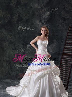 Sexy Mermaid Sleeveless Taffeta Brush Train Lace Up Wedding Gowns in White for with Beading and Ruching and Pick Ups