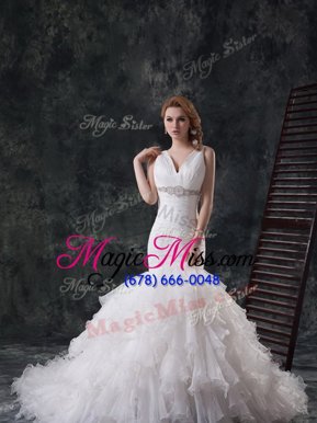 Glorious Mermaid White Organza Lace Up V-neck Sleeveless Bridal Gown Brush Train Beading and Ruffles