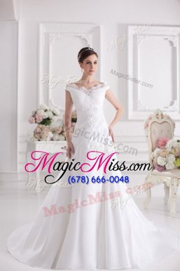 Discount Off the Shoulder White Zipper Scalloped Beading and Appliques Wedding Gowns Satin Sleeveless Court Train