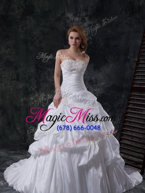 High End White Taffeta Zipper Sweetheart Sleeveless With Train Wedding Dresses Brush Train Beading and Pick Ups